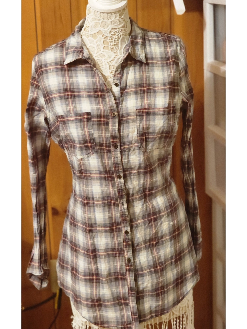 Maurices Maroon & Navy Plaid Longline Button Down Shirt